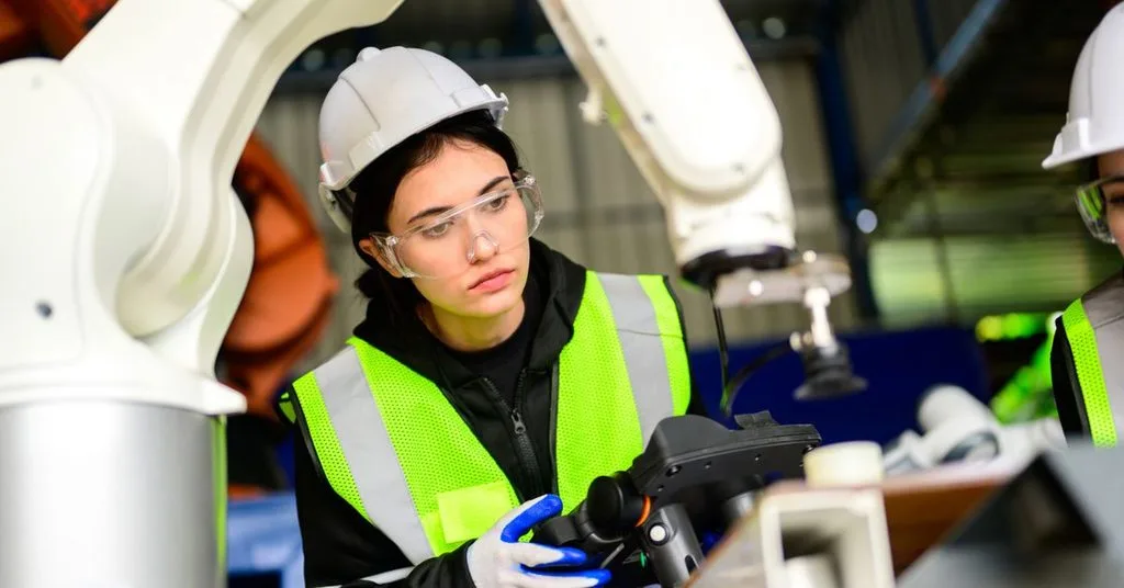 Automationsingenjör inom robotik arbetar med robot.