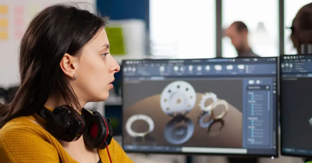 CAD-konstruktör arbetar i CAD-program i kontorsmiljö.