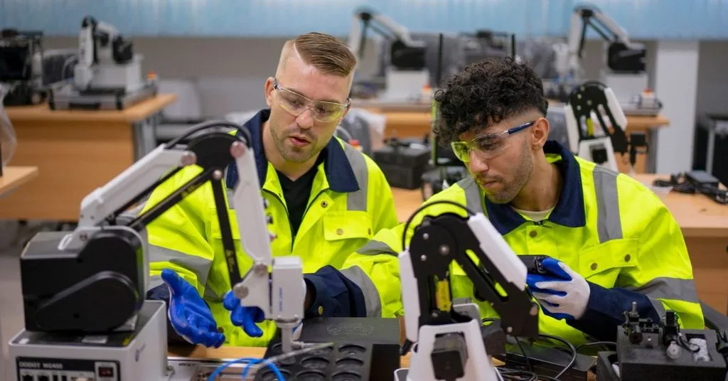 Automationsingenjör robotik arbetar med robot.