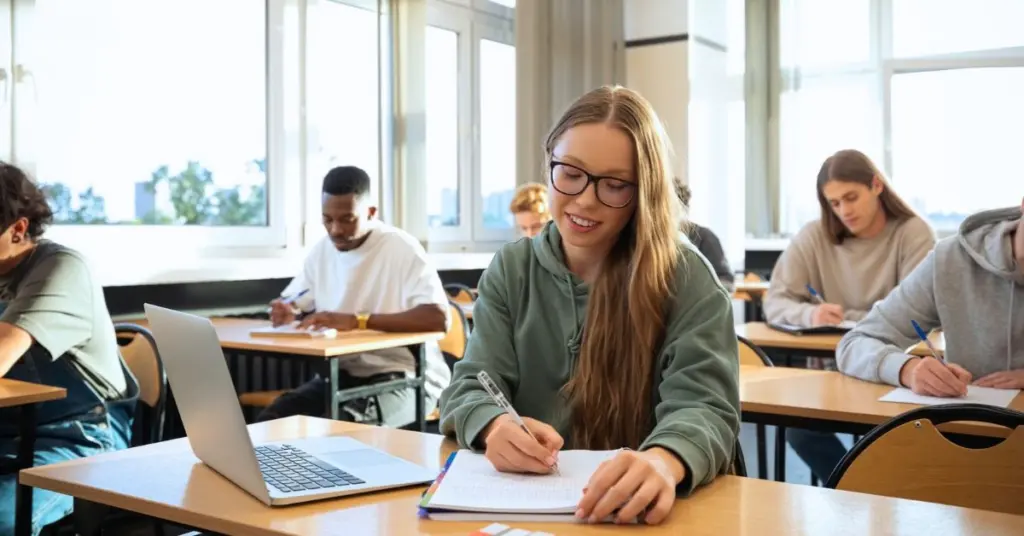 Kvinnlig studerande i klassrum med andra studerande i bakgrunden.
