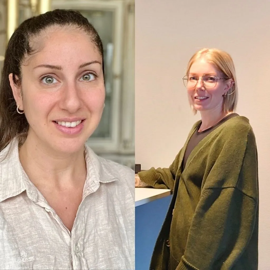 Porträttbilder på Theodora och Jessica, studerande anläggningsingenjörer inom ingenjörsbranschen.