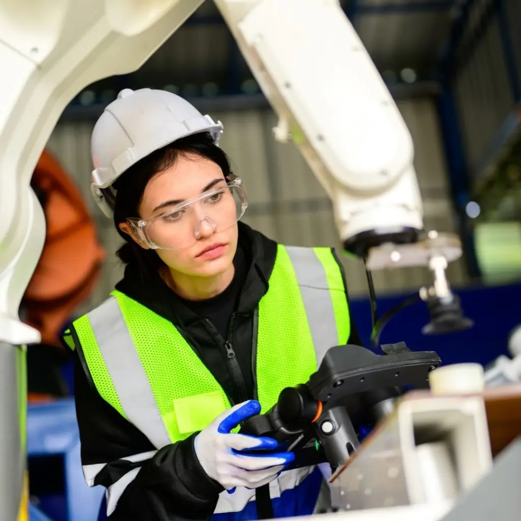 Automationsingenjör undersöker robotarm.