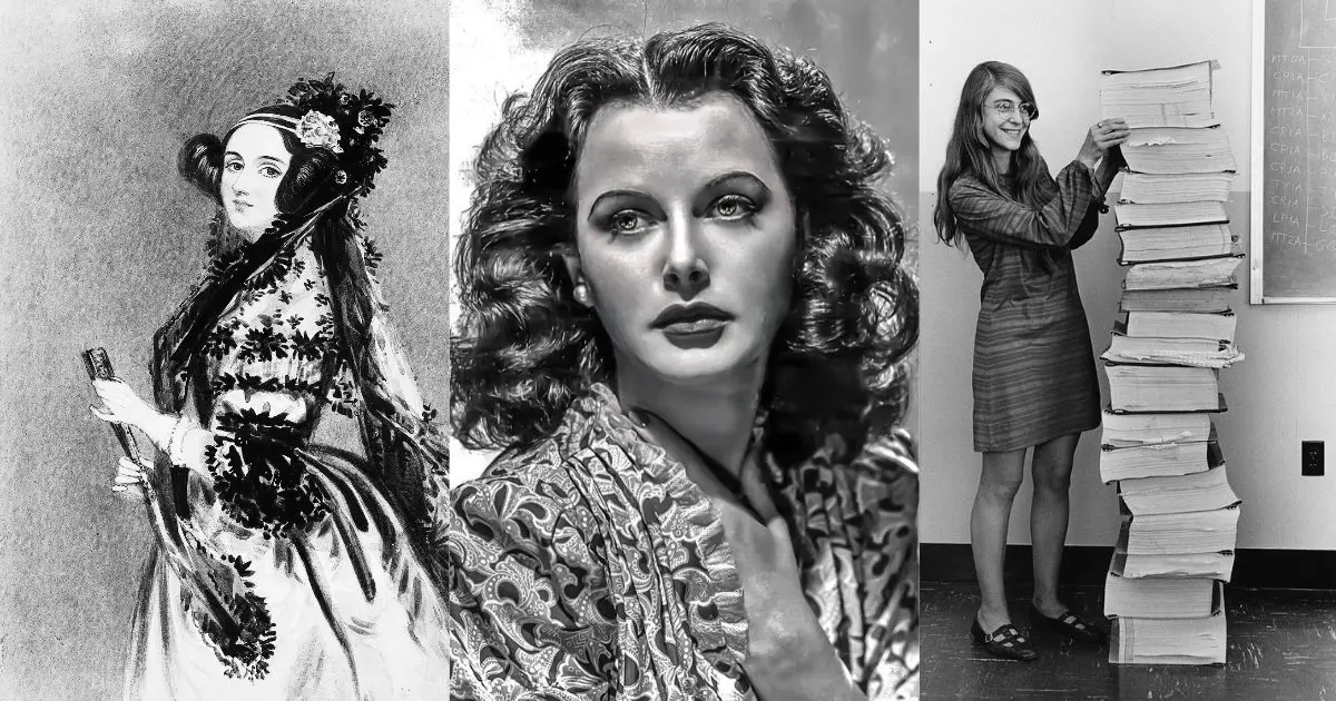 Bildkollage på Ada Love Lace, Hedy Lamarr och Margaret Hamilton, pionjärer inom tech.