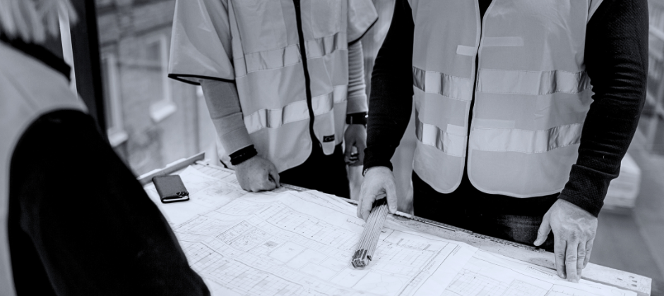 Anläggningsingenjörer i varselvästar står samlade runt ritning på bord.