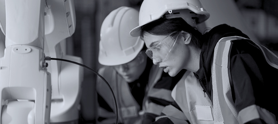 Kvinnliga automationsingenjörer arbetar med robotarm.