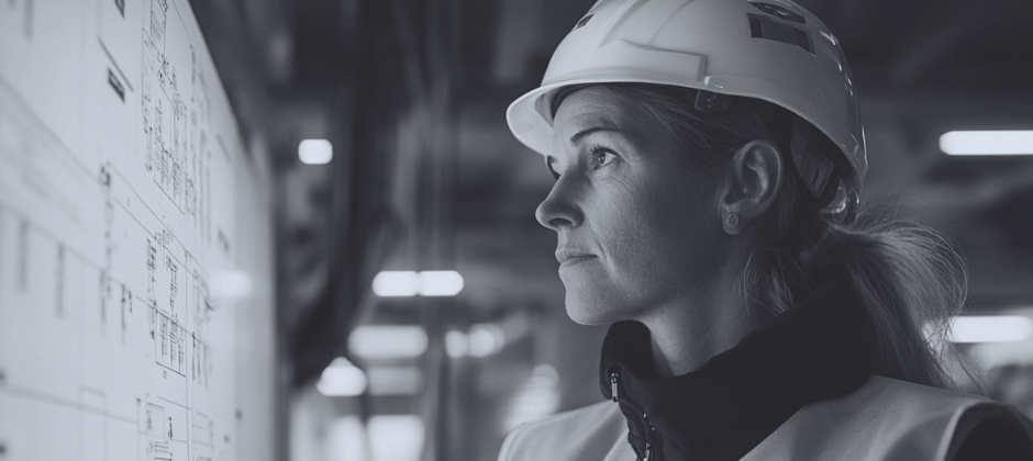 Kvinnlig elkraftsingenjör tittar på digital elritning.