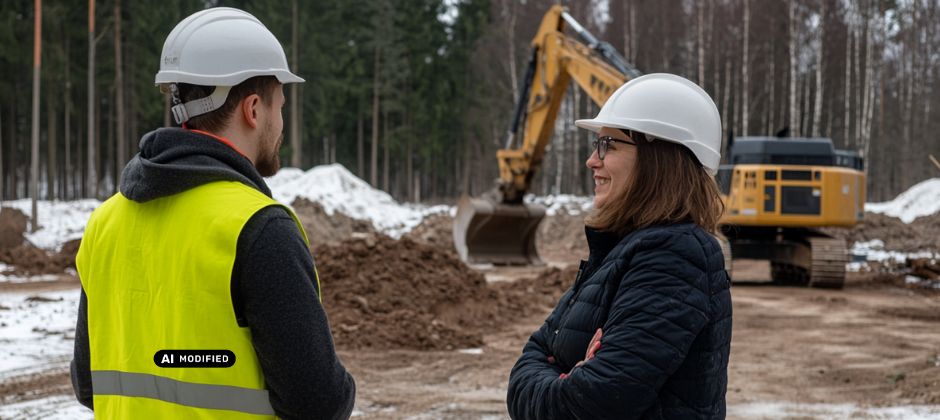 Anläggningsingenjörer i utomhusmiljö framför en traktor.