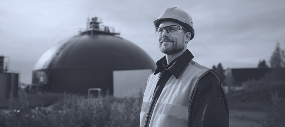 Man i varselställ och säkerhetsutrustning utanför en industrianläggning..