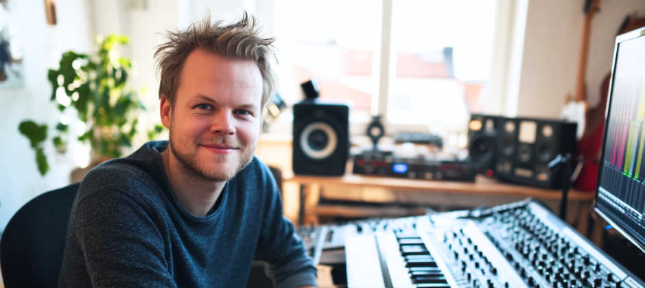 Ljud- och musikproducent sitter vänd mot kameran i en musikstudio.