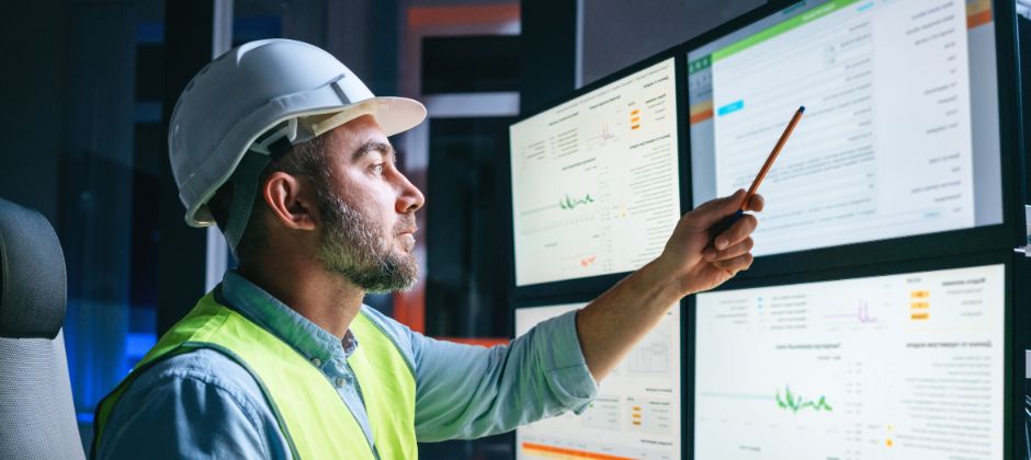 Automationsingenjör i varselställ står framför flera skärmar i ett kontrollrum.