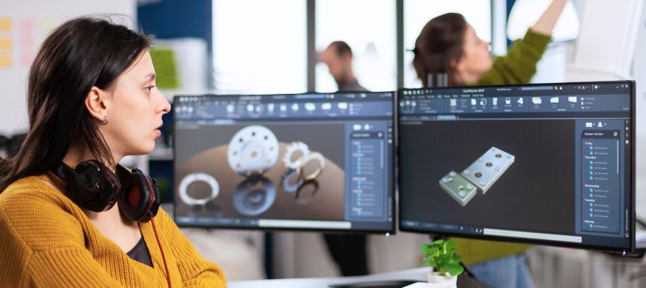 CAD-konstruktör arbetar med digitala konstruktioner på datorskärmar.