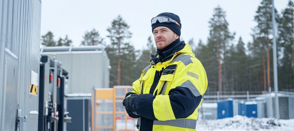 Drift- och underhållstekniker i varselkläder utanför en industribyggnad.