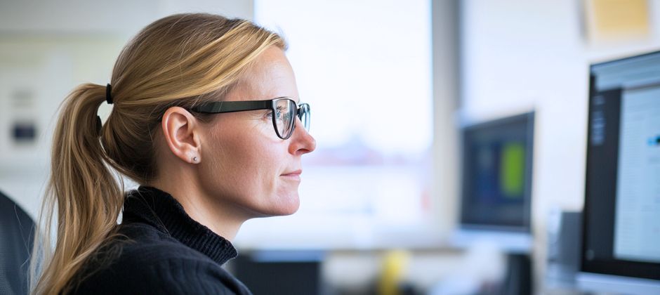 Elnätsprojektör arbetar framför en bärbar dator i kontorsmiljö.