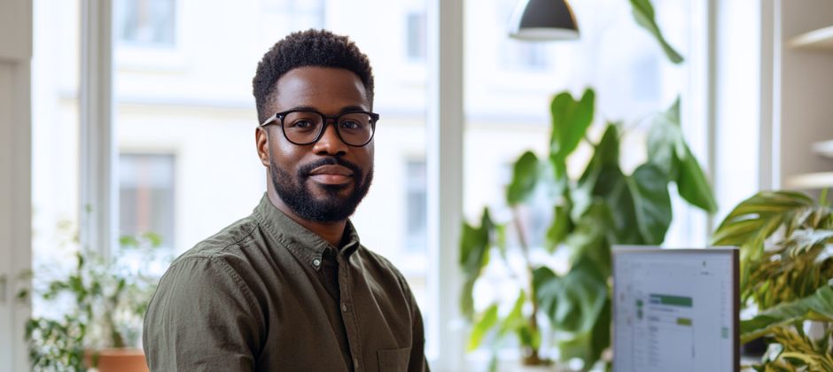 Man sitter vänd mot kameran med en stationär datorskärm bredvid sig i kontorsmiljö.