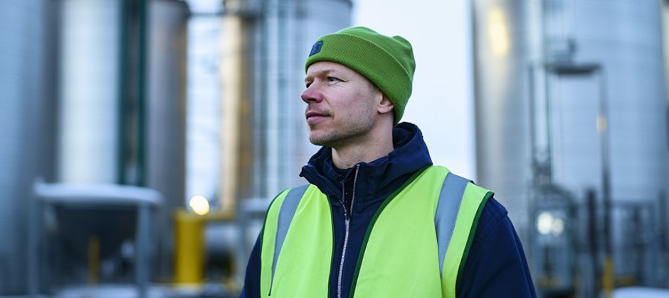 Processtekniker utanför en biogasanläggning.