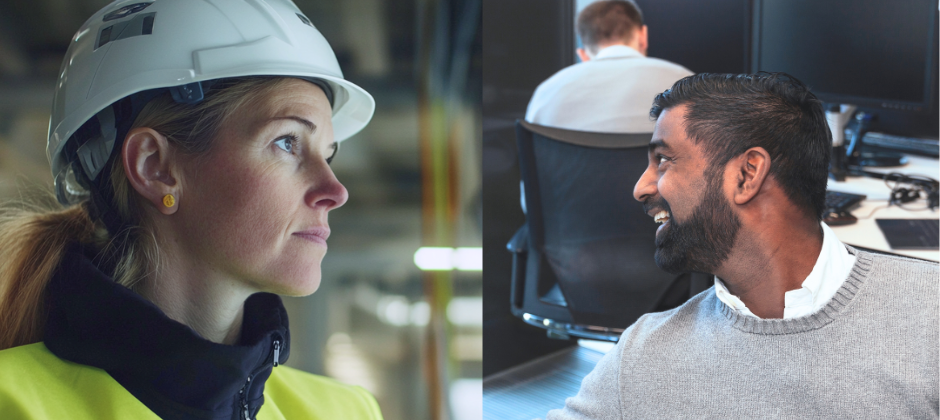 Bildkollage med en Elkraftsingenjör i skyddsutrustning och IT-säkerhetsspecialist i kontorsmiljö.