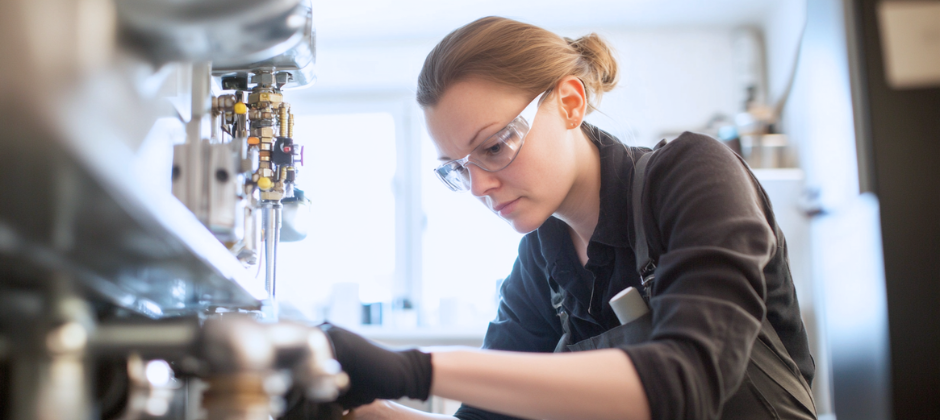 VVS-ingenjör med skyddsglasögonarbetar i industrimiljö.